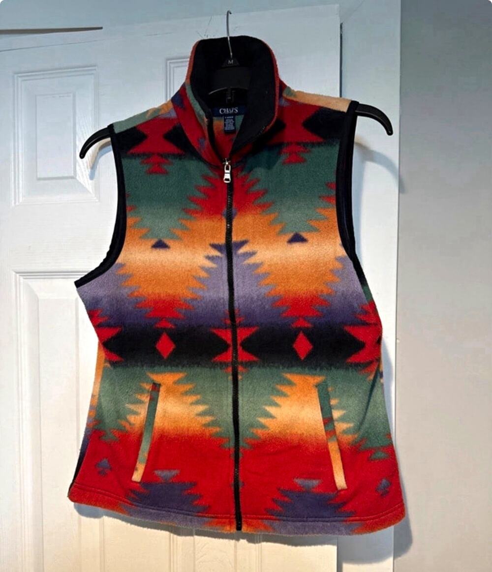 Chaps women M Full Zip Vest Multicolor Geometric Aztec Southwestern Stand-Up